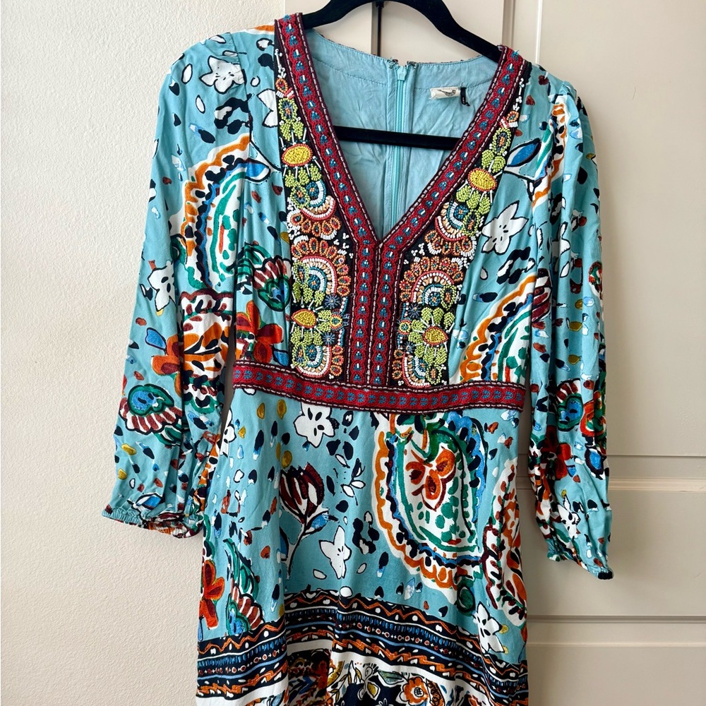 Akemi + Kin Anthro Womens Karmina Dress Colorful Beaded Embroidered Boho